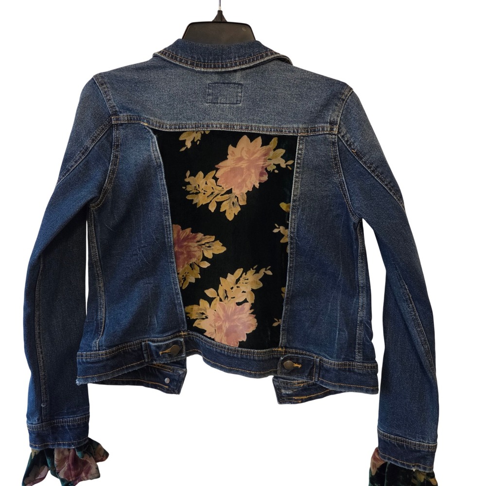 Upcycled Denim Jacket with Floral Sheer Green Panel Inlays Ruffled Sleeves XS - Picture 12 of 14